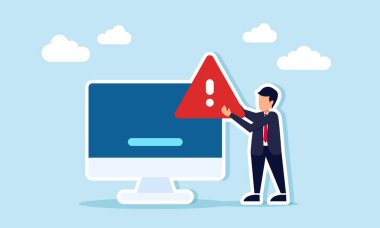 Bir monitörün yanında uyarı ya da ünlem işareti taşıyan işadamı, virüs saldırılarıyla ilgili tetikte olma durumu.