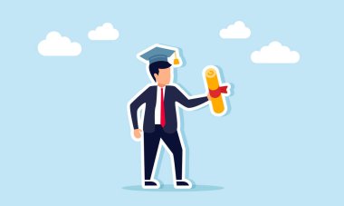 Mezuniyet şapkası takan ve elinde diploma ya da mezuniyet belgesi olan bir işadamı, mezuniyet illüstrasyonunu gösteren ya da lisans, yüksek lisans ya da doktora derecesi alan biri.