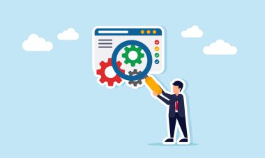 Bir uygulama arayüzündeki dişliyi gözlemlemek için bir büyüteç tutan işadamı, uygulama sisteminin nasıl çalıştığını gösteren bir illüstrasyon