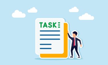 TASK etiketli bir belgenin yanında duran işadamı, bir iş projesinin tamamlanmasının resmi