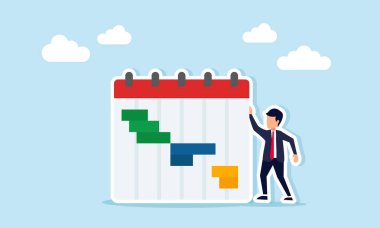 İş adamı takviminin yanında duruyor, bir iş etkinliği çizelgesi çizimi