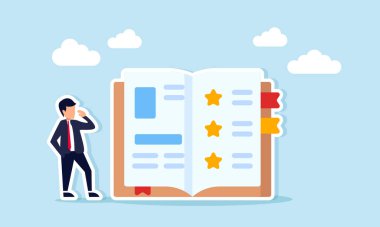 Bir yıldız sembolü olan bir kitabın yanında duran işadamı, iş dünyasındaki ürün kalitesi standartlarını öğrenmenin illüstrasyonu