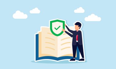 İş adamı, elinde çek işareti olan bir kitap tutan bir iş adamı. İş sigortasıyla ilgili okuma yazma bilginin çizimi.