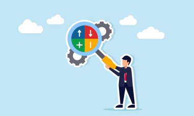 İş adamı elinde okların olduğu bir büyüteç ve bir dişli sistemini gözlemlemek için artı eksi işaretler, bir iş ya da üretim sisteminin artılarını ve eksilerini analiz etmek.