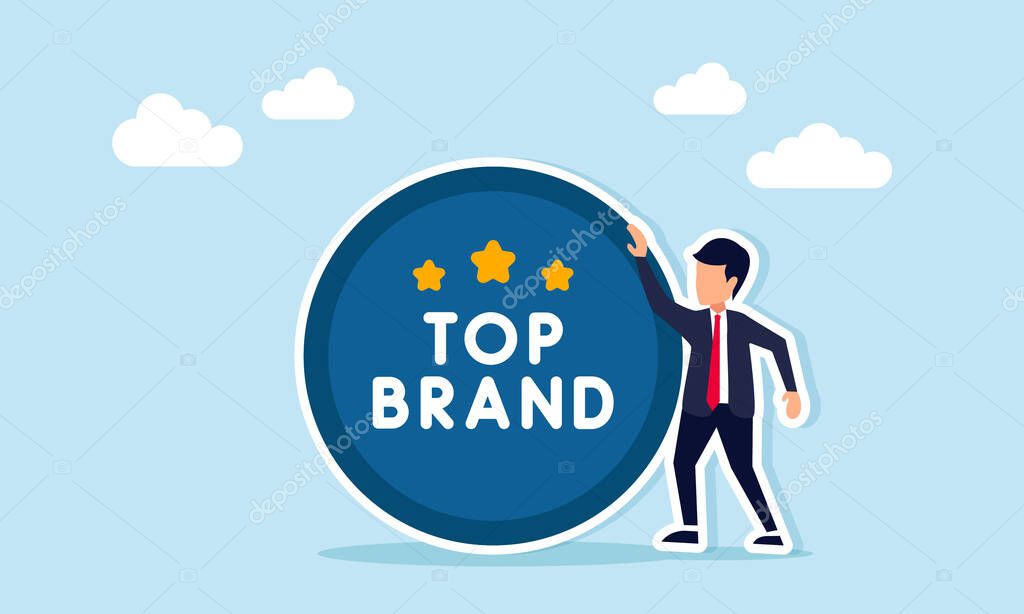Businessman standing next to a star icon labeled TOP BRAND, illustration of validation or recognition as a good brand