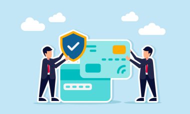 Diğer kartların yanında bankamatik ya da kredi kartı tutan bir işadamı, diğer bir işadamı ise üzerinde çek işareti olan bir kalkan tutuyor.