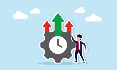 Yükselen bir ok ve saat ile dişlinin yanında duran işadamı, gelişmiş iş sistemi performansı ve operasyonel verimliliğin bir göstergesi
