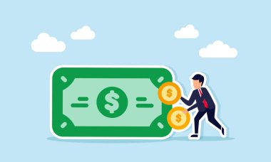 Dolar banknotlarının yanında bir dolar tutan işadamı, işletme finansmanlarını yönetme ve büyüme ve sürdürülebilirlik için nakit akışını optimize etme illüstrasyonu