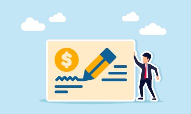Kağıdın yanında duran bir işadamı dolar işareti ve kalemle bir not, iş harcamalarının kaydedildiğini gösteren bir illüstrasyon