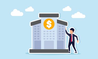 İşadamı, üzerinde dolar işareti olan bir binanın yanında duruyor. Şirketin finans yönetiminin resmi..