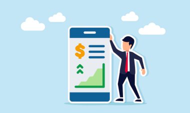 Dolar işaretleri ve grafikler gösteren bir uygulama arayüzünün yanında duran işadamı, ticari mali durumların izlenmesi ve analiz edilmesi