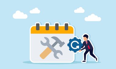 Çekiç ve ingiliz anahtarıyla işaretlenmiş bir takvimin yanında duran bir işadamı, sürekli sembollü bir vites, planlanmış iş bakımı çizelgesi