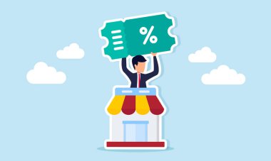 Bir dükkanın arkasından elinde fiş ya da bilet olan bir işadamı, satış promosyonu yoluyla iş stratejisinin resimlerini taşıyor.