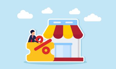 İş adamı, mağaza yakınlarındaki bir kupondan yüzde alıyor. Reklam satışları şeklinde iş stratejisinin bir gösterimi.