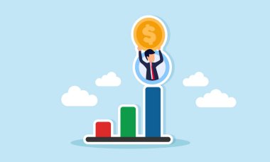 İş adamı, grafiğin en üst noktasında çember dışında bir dolar tutuyor. İş kârı ve gelir artışının göstergesi.