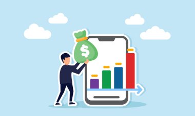 İş adamı, dijital sektörde finansal performansı artırmanın bir göstergesi olarak akıllı telefonun yanında para çantası taşıyor.