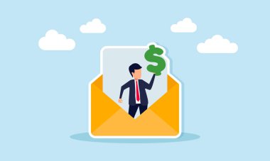 Elinde dolar işareti olan bir zarftan çıkan iş adamı, bir iş ya da ortaklık teklifi aldığının bir göstergesi