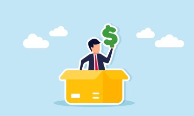 Paket kutusundan dolar işareti taşıyan bir işadamı, yatırımcılardan fon almanın bir göstergesi