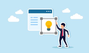 Bir uygulama arayüzünün yanında kare ışık tabelasının yanında duran iş adamı, doğru iş fikirlerinin tasarımı ve uygulanmasının illüstrasyonu