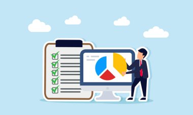 İşadamı, tamamlanmış ve devam eden projelerin yüzdesine ilişkin hesaplamanın bir kontrol listesi çizelgesinin yanındaki monitörden bir parça tutuyor.