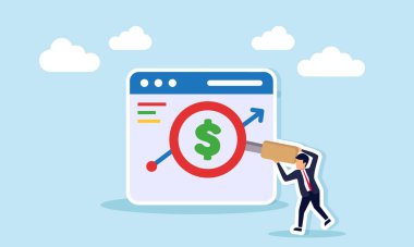 İş adamı, dijital finansal iş izleme, değerlendirme ve analizlerinin uygulama arayüzündeki bir grafikteki dolar işaretlerini incelemek için bir büyüteç tutuyor.