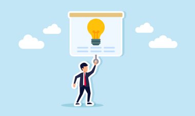 Bir projektör ekranını çeken işadamı, ilginç ve çekici fikirlere ilişkin bir ışık, eğitim, sosyalleşme ve tanıtım sunumu yapıyor.