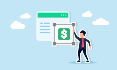 Bir uygulama arayüzünün yanında kare dolar tabelasının yanında duran bir işadamı, bir işletme finansal yönetim uygulaması tasarladığının bir gösterimi