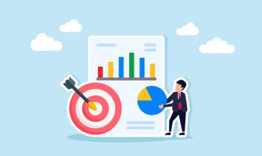 İş adamı elinde turta çizelgesinin yanı sıra iş hedefleriyle ilgili proje raporunun tablo ve hedef tahtası illüstrasyonunu da gösteriyor