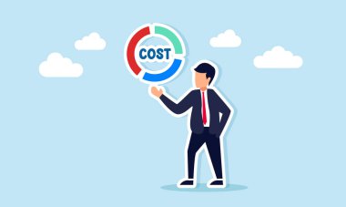 Ticari harcamaların çeşitlendirilmesi veya dağıtımı içinde COST metni ile daire çizelgesi gösteren bir işadamı