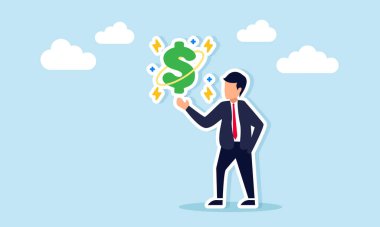 İşadamı, dolar para biriminin maksimum ve en uygun performansını gösteren parlak dolar işareti çizimi gösteriyor