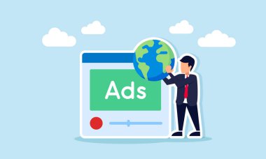 Reklam uygulaması arayüzünün yanında bir dünya tutan bir iş adamı, küresel ölçekte kitle yayın reklamlarının illüstrasyonu