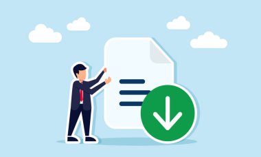 Bir belgeyi aşağı doğru okla tutan işadamı, iş dosyası eklentileri olarak indirilecek belgeleri hazırlama illüstrasyonuName