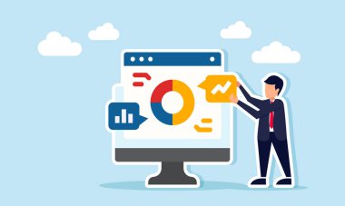 İşadamı holding notları bir monitörün yanında durur bir pasta grafiği ve grafik ile uygulama arayüzü, grafik görselleştirmesi ile iş veya mali raporları hazırlama illüstrasyonunu gösterir