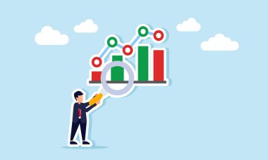 Bir grafik ve çizelgeyi incelemek için bir büyüteç tutan işadamı, finansal performansın değerlendirilmesi ve analiz edilmesinin illüstrasyonu, iş kaynakları