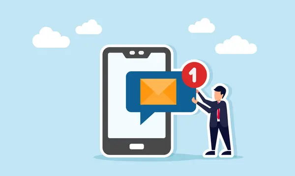 Akıllı telefonun yanında yeni bir tebligat ile etiketlenmiş bir sohbet diyaloğu tutan bir iş adamı, iş ortaklığı teklifi e-postası almanın illüstrasyonu