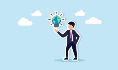 Küresel ölçekte dijital iş inovasyonunu gösteren robot benzeri ışık göstergesi ile dünyadan ışık saçan bir işadamı