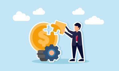 İşadamı, maddi yönetim için iş fikrinin tamamlandığını gösteren dolar parasından hafif bulmacayı tamamlamaya hazırlanıyor.