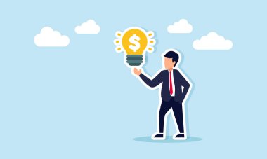 Işıldayan dolar işareti gösteren işadamı finansal yönetim için iş fikrinin sunumunu yapıyor