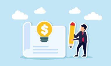 İş adamı elinde bir kalem ve kağıdın yanında parlayan bir işaret lambası tutuyor. Ticari finansal yönetim fikirlerinin tasarımı.
