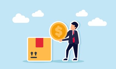 Bir paket kutusunun yanında bir dolar tutan işadamı, lojistik sektöründen kar ve fayda elde ettiğini gösteriyor.