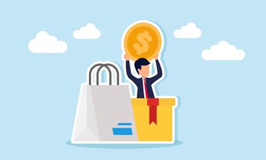 Paket kutusundan ve alışveriş çantasından çıkan işadamı elinde dolar para ile ticari alışveriş prim satışını resmediyor