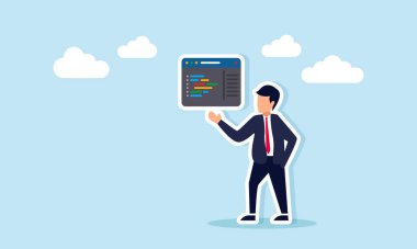 İş adamı Uygulama Geliştirme Sürecini İş Uygulaması İlerleme Simülasyonu olarak Sunuyor