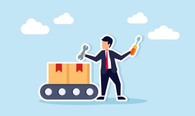 İşadamı Tornavida ve Anahtarı Paket Dağıtım Makinesinin yanında Lojistik Üretim veya Dağıtım Sistemi Bakımına Hazır Olmayı Temsil Ediyor