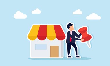 Müşteri Bulma İş Konumunu Kolaylaştırmak İçin İşadamı Pin Holding House veya Mağaza Temsilcisi Dijital İş Konumu Ayarlaması