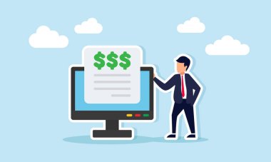 İş adamı, kişisel bilgisayar monitörünün yanında dolar işaretli belgelerle iş mali raporlarının dijitalleştirildiğini gösteriyor