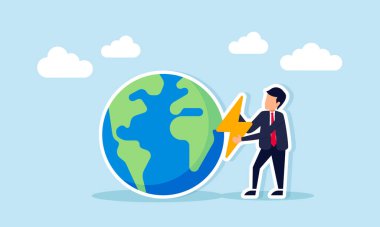 Dünya 'nın Yanında Elektrik Simgesi Tutan İşadamı Yenilenebilir Enerji İşletmelerini Temsil Ediyor