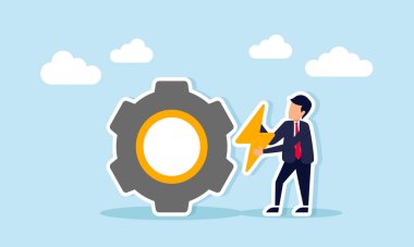 Enerji Üretim Sistemi 'nin yanında Elektrik Simgesi Tutan İşadamı