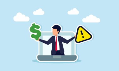 Dizüstü bilgisayar Holding Ünlem ve Dolar Simgesi Temsilcisi Çevrimiçi Mali Varlık Yönetimi Farkındalığından Çıkan İşadamı