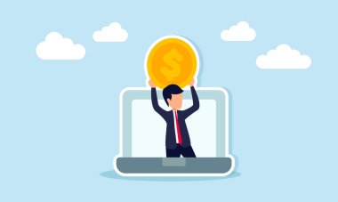 Çevrimiçi Dijital İş Finansal Yönetimini Temsilen Dizüstü Para Sahibi İşadamı