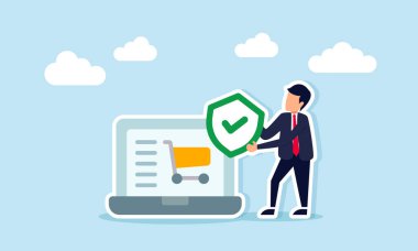 Ticari Holding Shield Dizüstü bilgisayarın yanında Alışveriş Aracı Simgesi Çevrimiçi Alışveriş Sigortası Temsilcisi